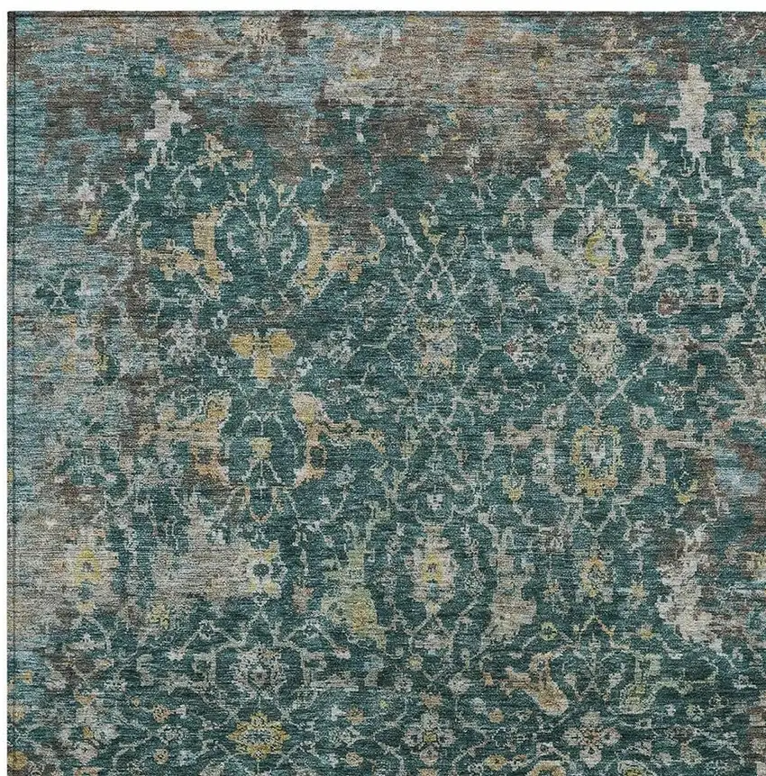Teal Blue And Gray Damask Washable Indoor Outdoor Area Rug Photo 3