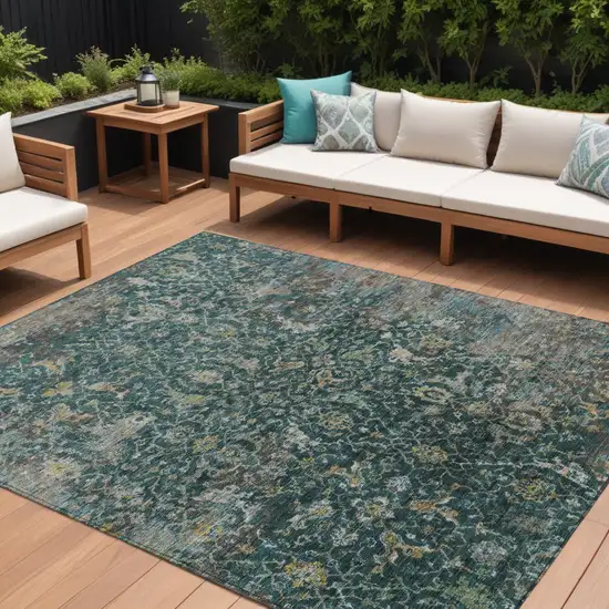 Teal Blue And Gray Damask Washable Indoor Outdoor Area Rug Photo 1
