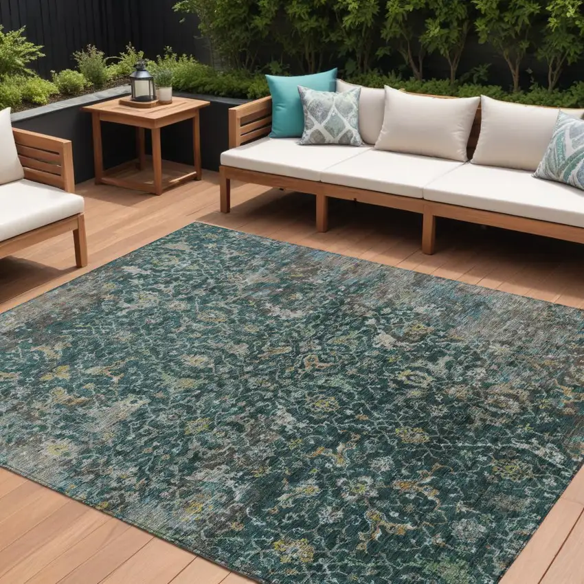 Teal Blue And Gray Damask Washable Indoor Outdoor Area Rug Photo 1