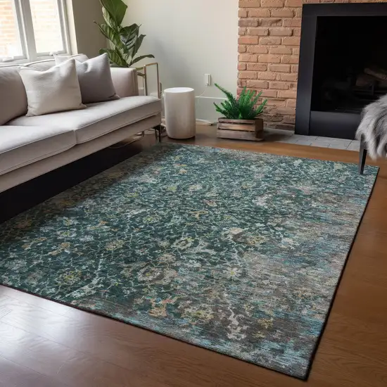 Teal Blue And Gray Damask Washable Indoor Outdoor Area Rug Photo 6