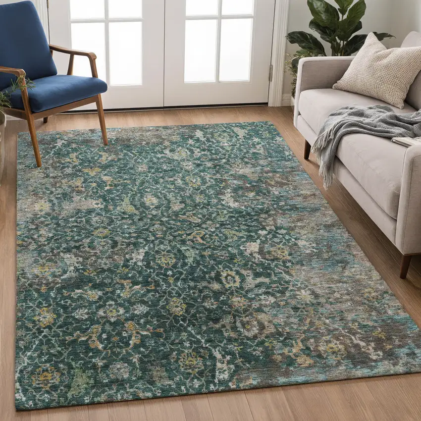Teal Blue And Gray Damask Washable Indoor Outdoor Area Rug Photo 5