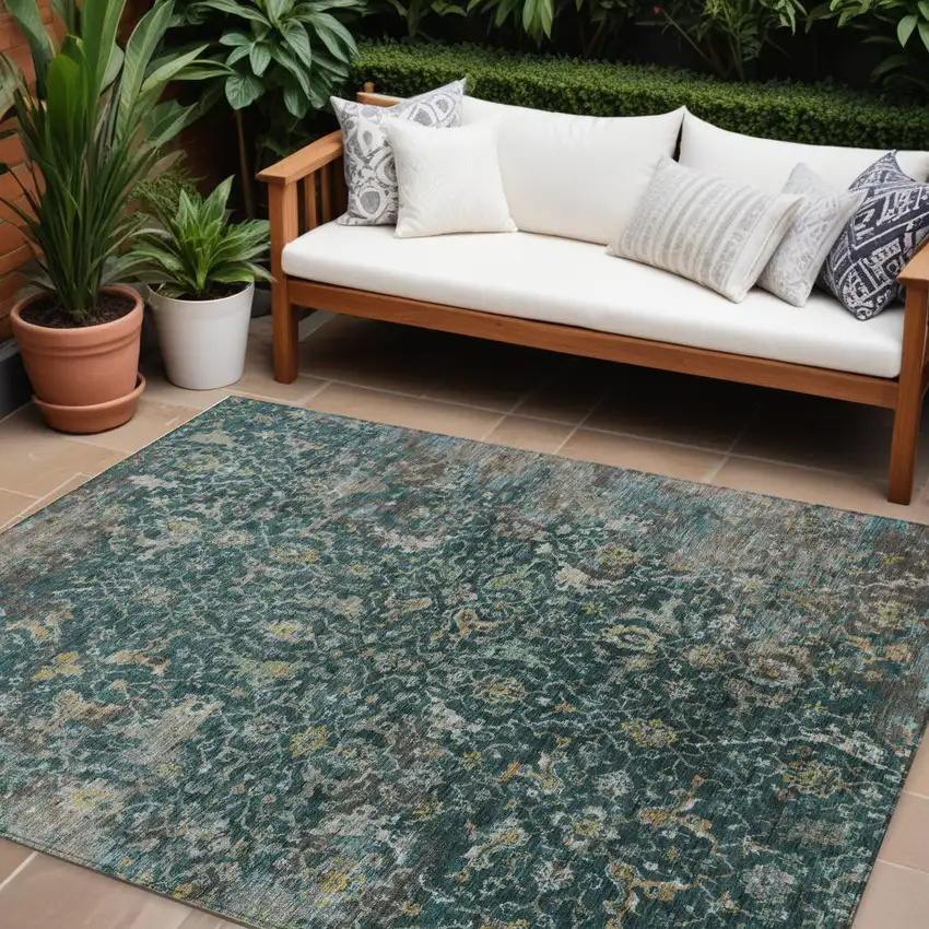 Teal Blue And Gray Damask Washable Indoor Outdoor Area Rug Photo 1