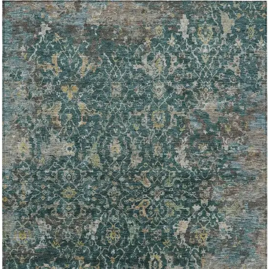 Teal Blue And Gray Damask Washable Indoor Outdoor Area Rug Photo 5