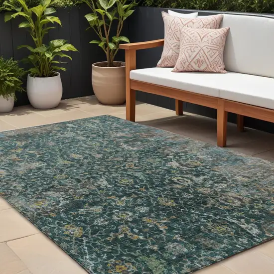 Teal Blue And Gray Damask Washable Indoor Outdoor Area Rug Photo 1
