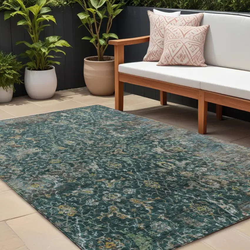 Teal Blue And Gray Damask Washable Indoor Outdoor Area Rug Photo 1