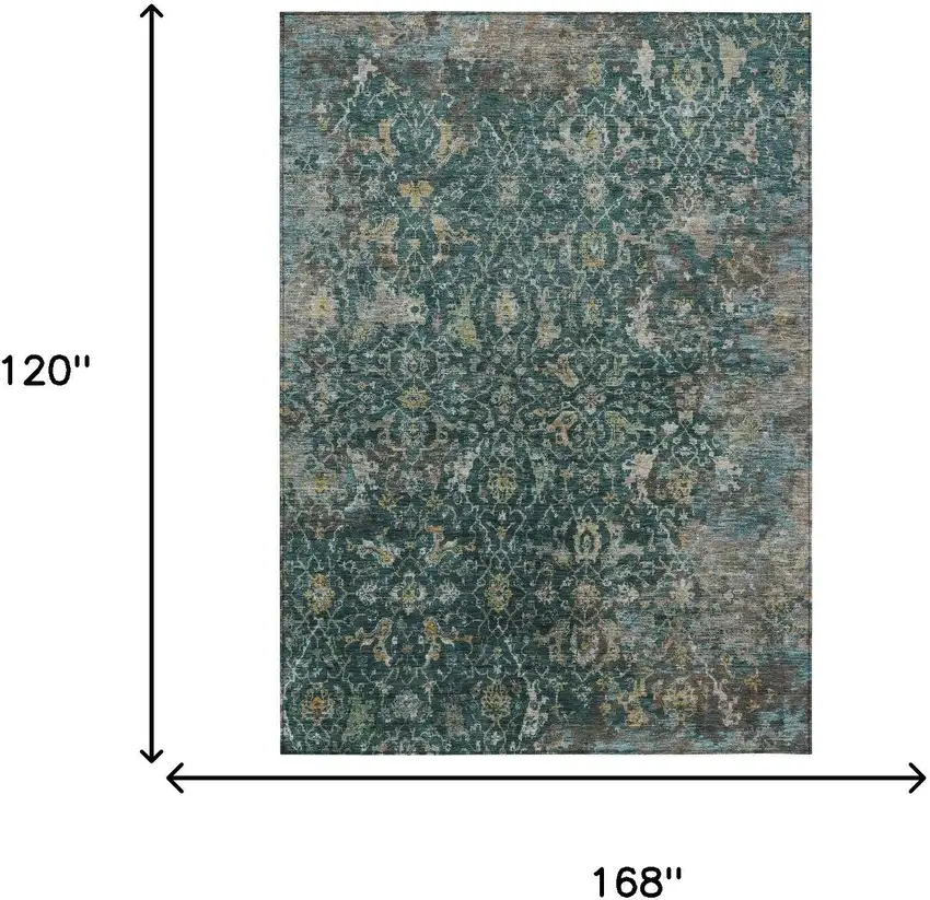Teal Blue And Gray Damask Washable Indoor Outdoor Area Rug Photo 3