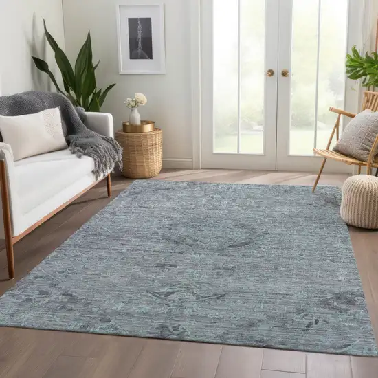 Teal Blue And Gray Floral Washable Indoor Outdoor Area Rug Photo 9