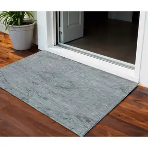 Photo of Teal Blue And Gray Floral Washable Indoor Outdoor Area Rug