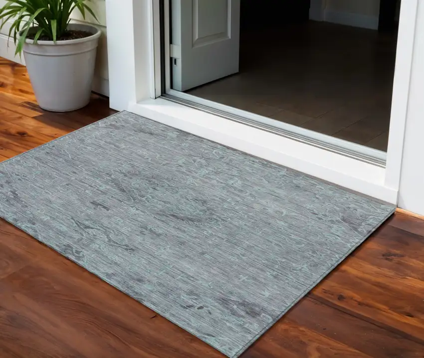 Teal Blue And Gray Floral Washable Indoor Outdoor Area Rug Photo 1