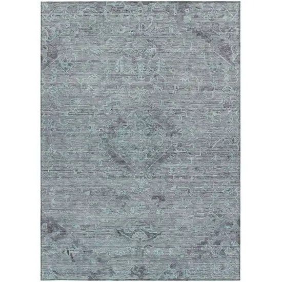 Teal Blue And Gray Floral Washable Indoor Outdoor Area Rug Photo 6