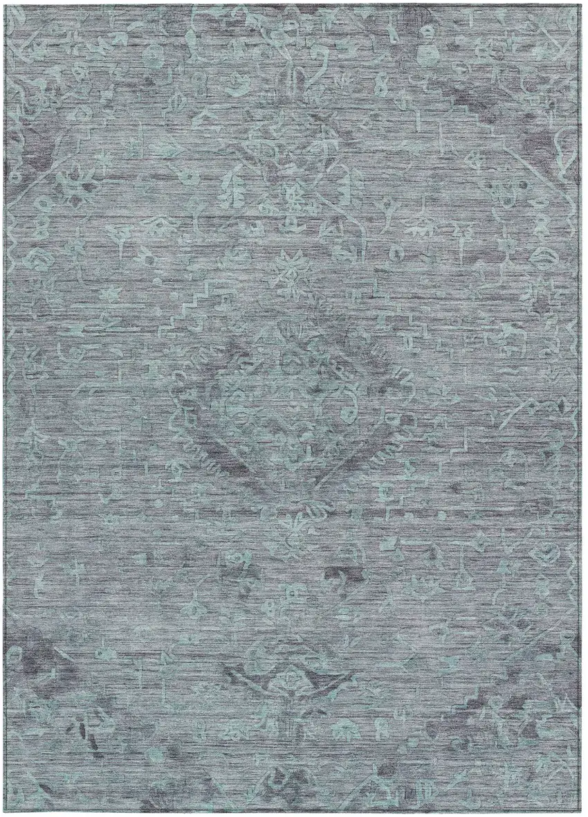 Teal Blue And Gray Floral Washable Indoor Outdoor Area Rug Photo 6