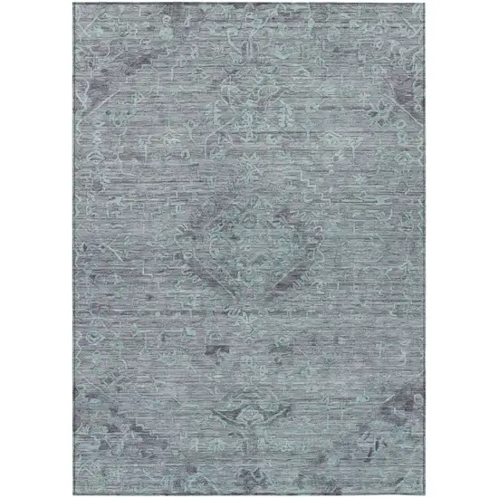 Teal Blue And Gray Floral Washable Indoor Outdoor Area Rug Photo 2