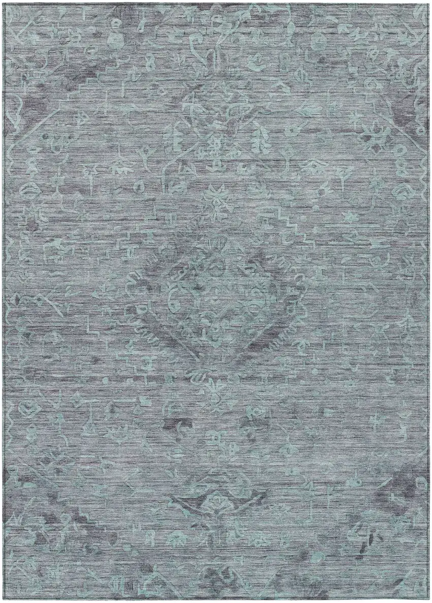 Teal Blue And Gray Floral Washable Indoor Outdoor Area Rug Photo 2