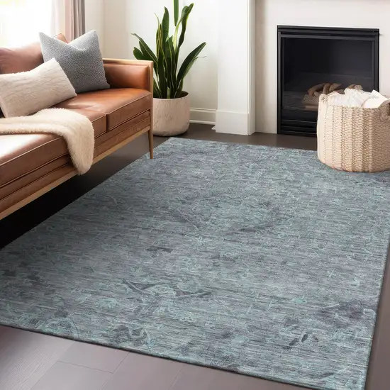 Teal Blue And Gray Floral Washable Indoor Outdoor Area Rug Photo 8