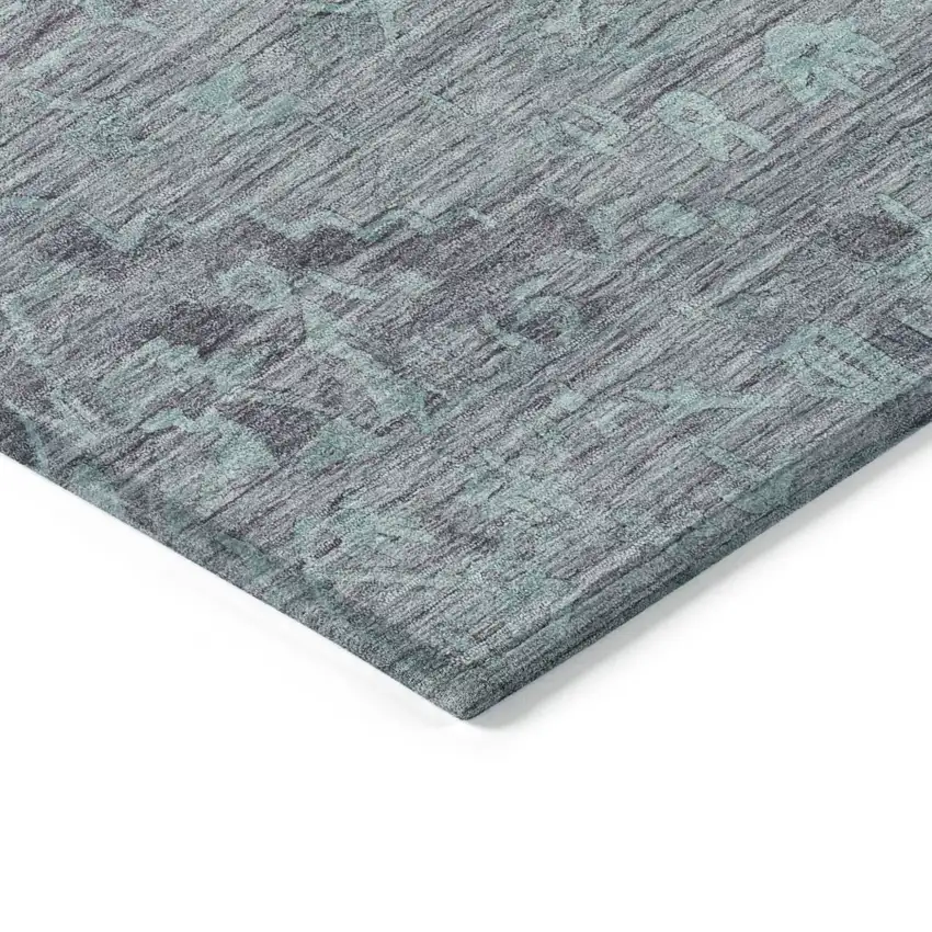 Teal Blue And Gray Floral Washable Indoor Outdoor Area Rug Photo 4