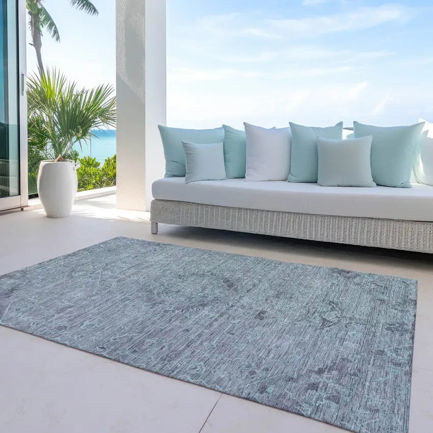Teal Blue And Gray Floral Washable Indoor Outdoor Area Rug Photo 7