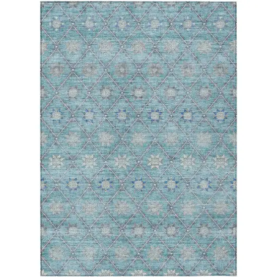 Teal Blue And Gray Floral Washable Indoor Outdoor Area Rug Photo 1