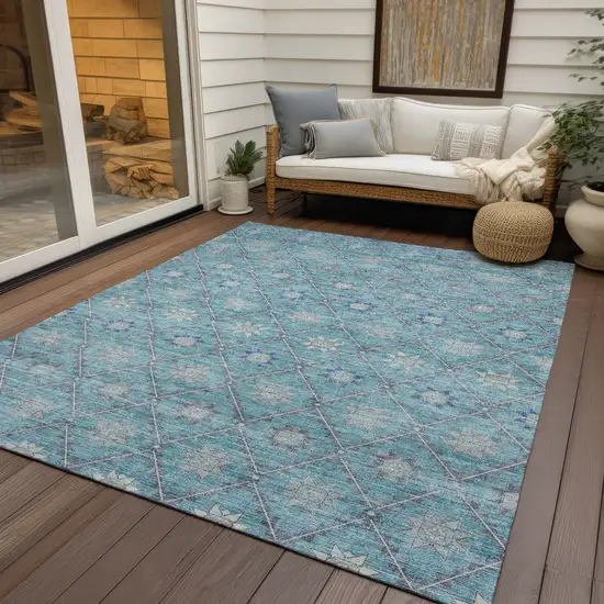 Teal Blue And Gray Floral Washable Indoor Outdoor Area Rug Photo 5