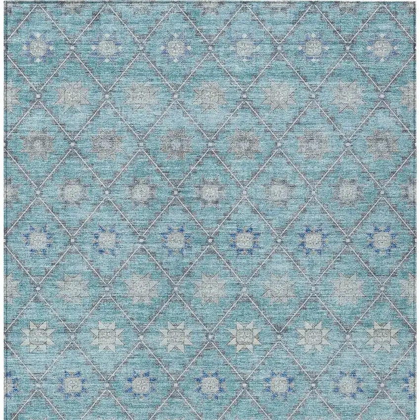 Teal Blue And Gray Floral Washable Indoor Outdoor Area Rug Photo 4