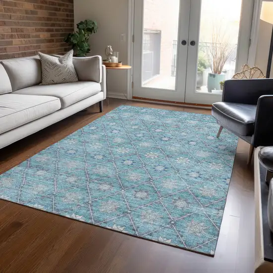 Teal Blue And Gray Floral Washable Indoor Outdoor Area Rug Photo 6