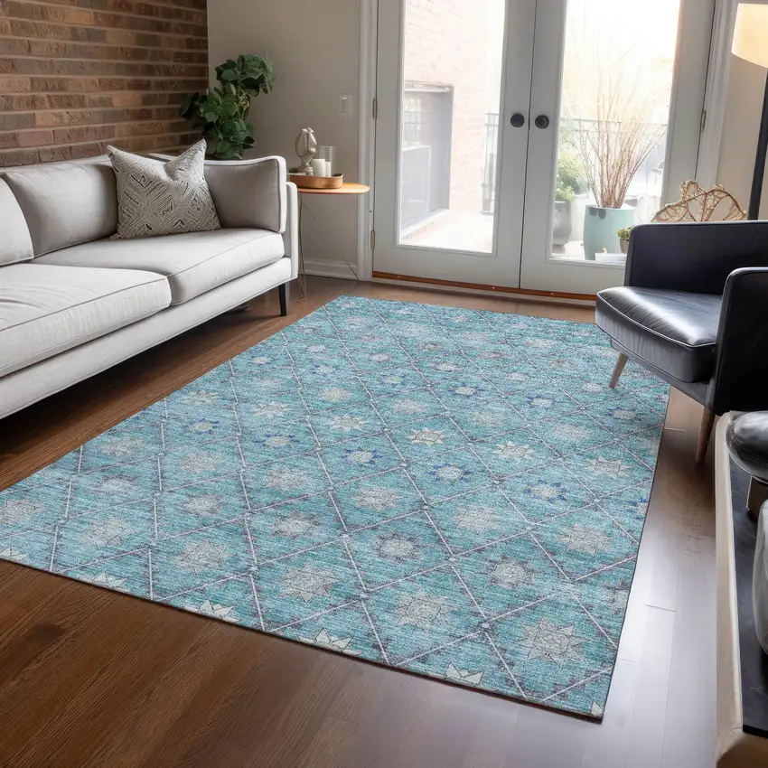 Teal Blue And Gray Floral Washable Indoor Outdoor Area Rug Photo 6