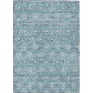 Photo of Teal Blue And Gray Floral Washable Indoor Outdoor Area Rug