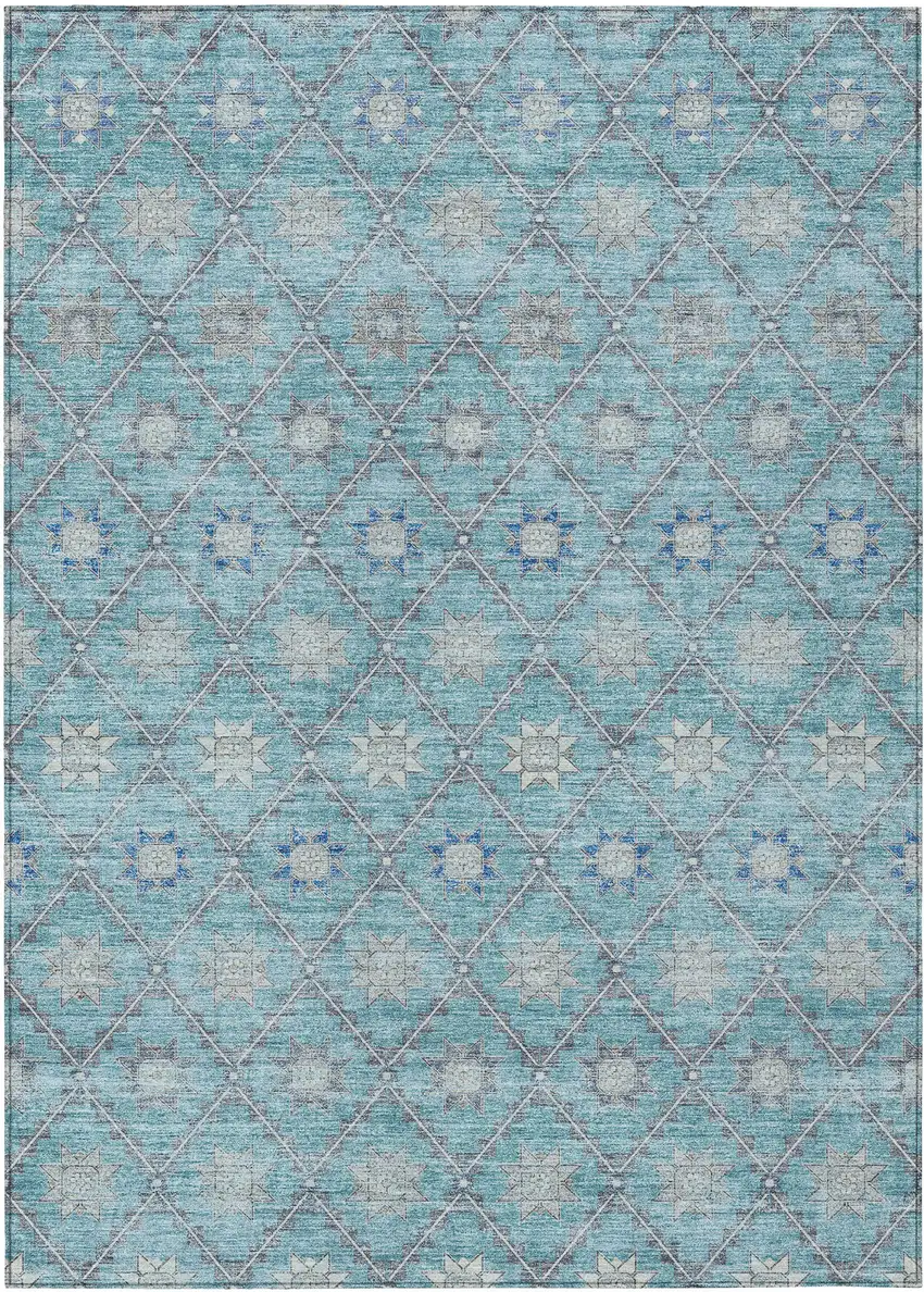 Teal Blue And Gray Floral Washable Indoor Outdoor Area Rug Photo 1