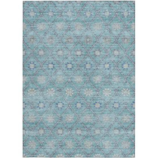 Teal Blue And Gray Floral Washable Indoor Outdoor Area Rug Photo 4