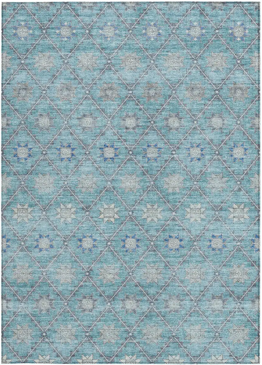 Teal Blue And Gray Floral Washable Indoor Outdoor Area Rug Photo 4