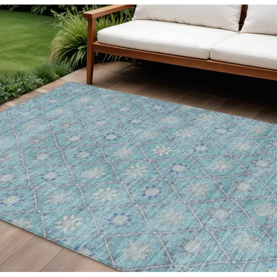 Teal Blue And Gray Floral Washable Indoor Outdoor Area Rug Photo 2