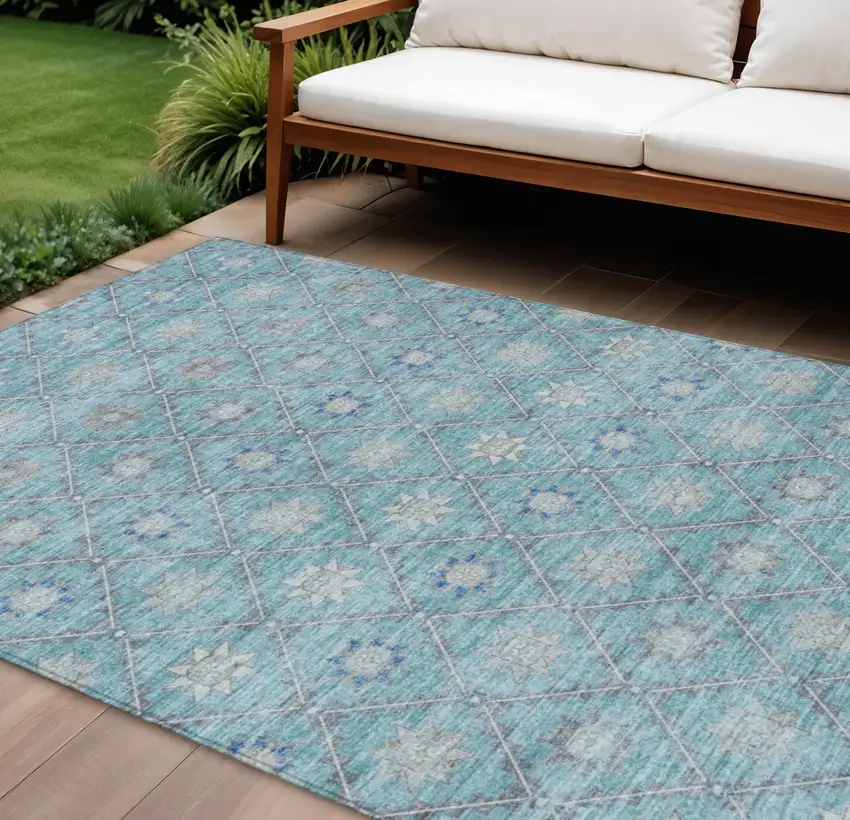 Teal Blue And Gray Floral Washable Indoor Outdoor Area Rug Photo 2