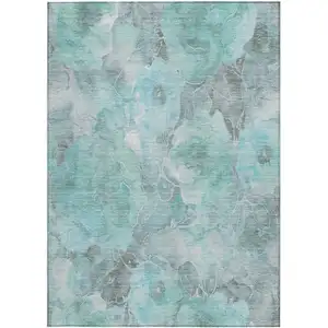 Photo of Teal Blue And Gray Floral Washable Indoor Outdoor Area Rug