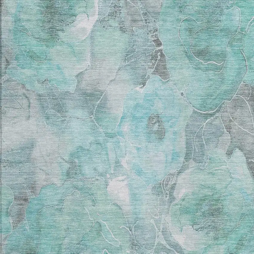 Teal Blue And Gray Floral Washable Indoor Outdoor Area Rug Photo 3