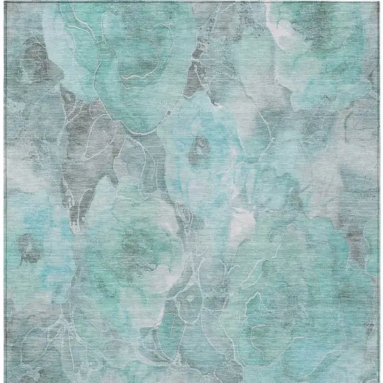 Teal Blue And Gray Floral Washable Indoor Outdoor Area Rug Photo 9