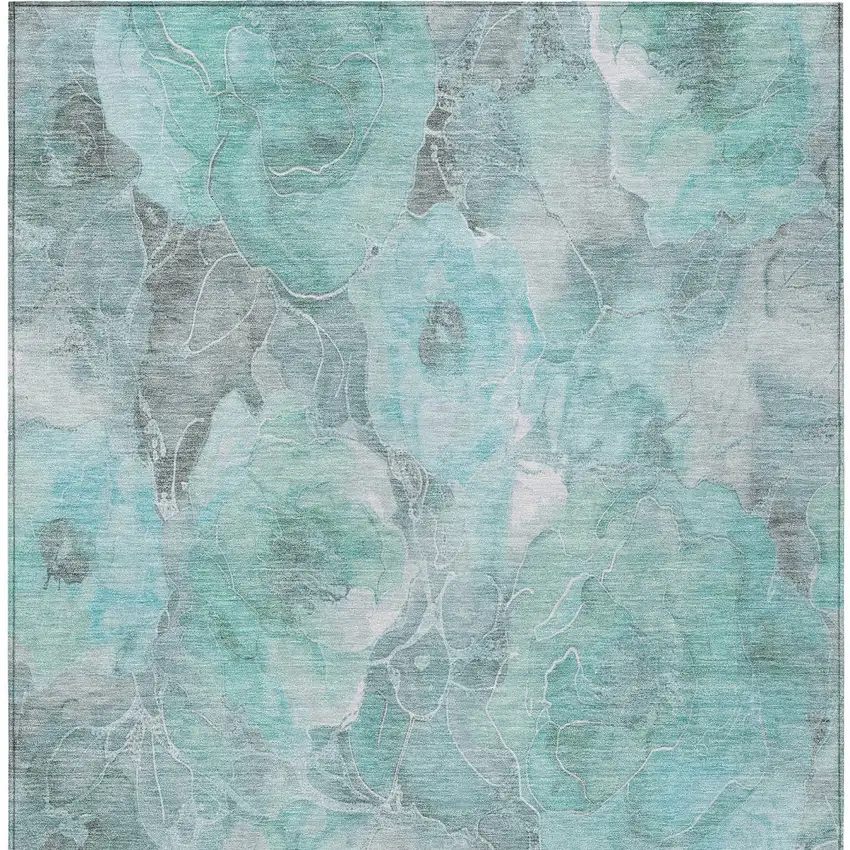 Teal Blue And Gray Floral Washable Indoor Outdoor Area Rug Photo 9
