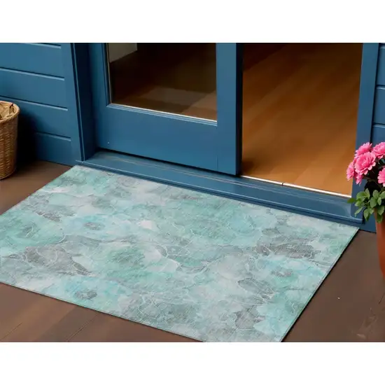 Teal Blue And Gray Floral Washable Indoor Outdoor Area Rug Photo 2