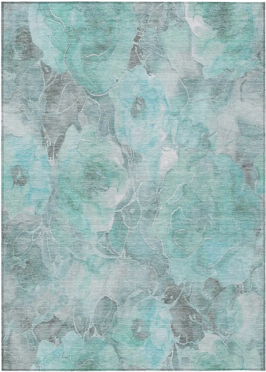 Teal Blue And Gray Floral Washable Indoor Outdoor Area Rug Photo 8