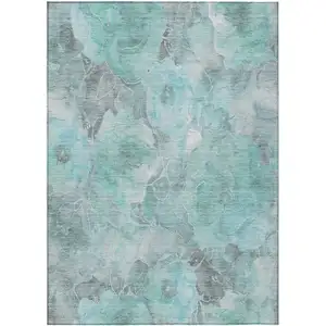 Photo of Teal Blue And Gray Floral Washable Indoor Outdoor Area Rug