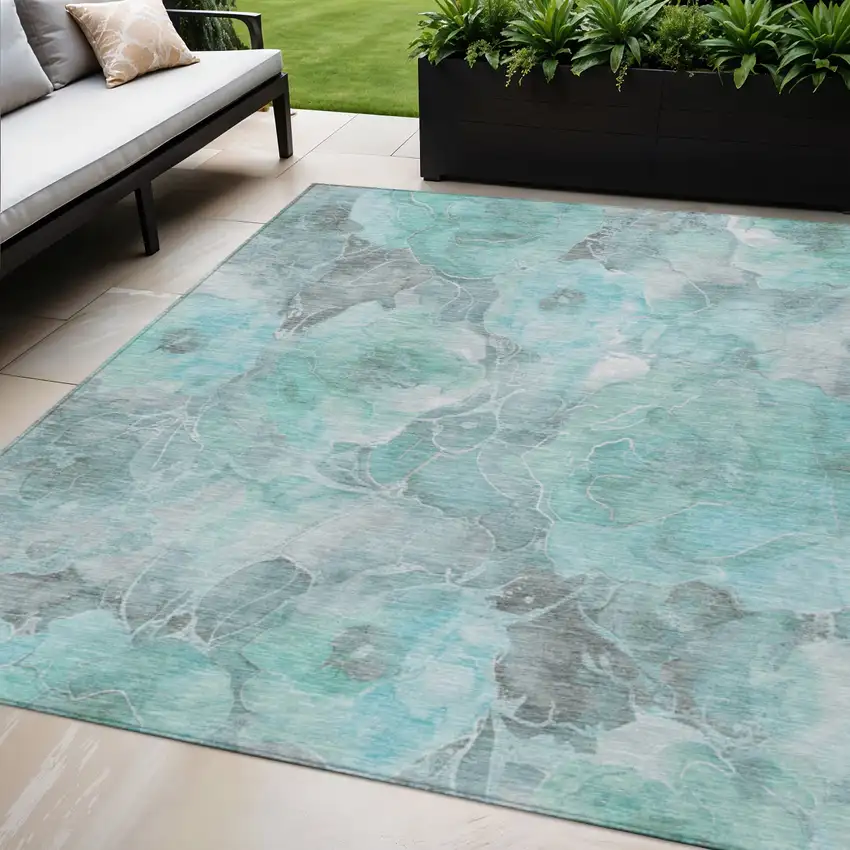 Teal Blue And Gray Floral Washable Indoor Outdoor Area Rug Photo 2