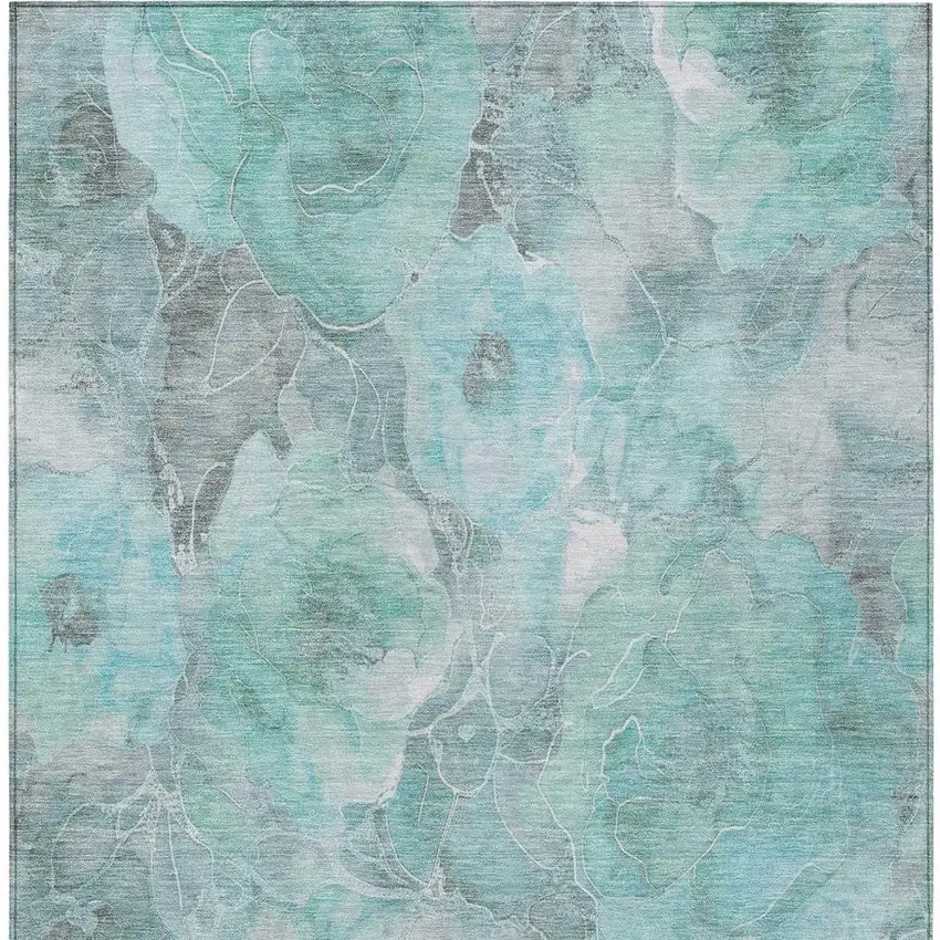 Teal Blue And Gray Floral Washable Indoor Outdoor Area Rug Photo 4