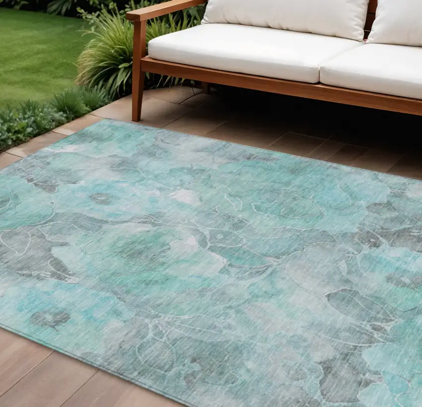 Teal Blue And Gray Floral Washable Indoor Outdoor Area Rug Photo 2