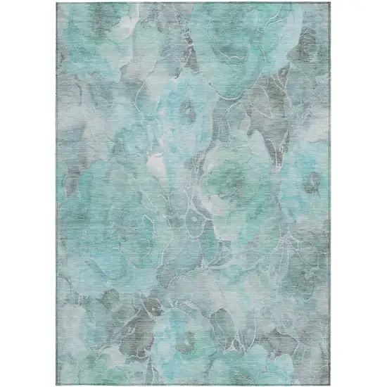 Teal Blue And Gray Floral Washable Indoor Outdoor Area Rug Photo 1