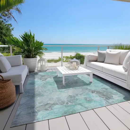 Teal Blue And Gray Floral Washable Indoor Outdoor Area Rug Photo 7