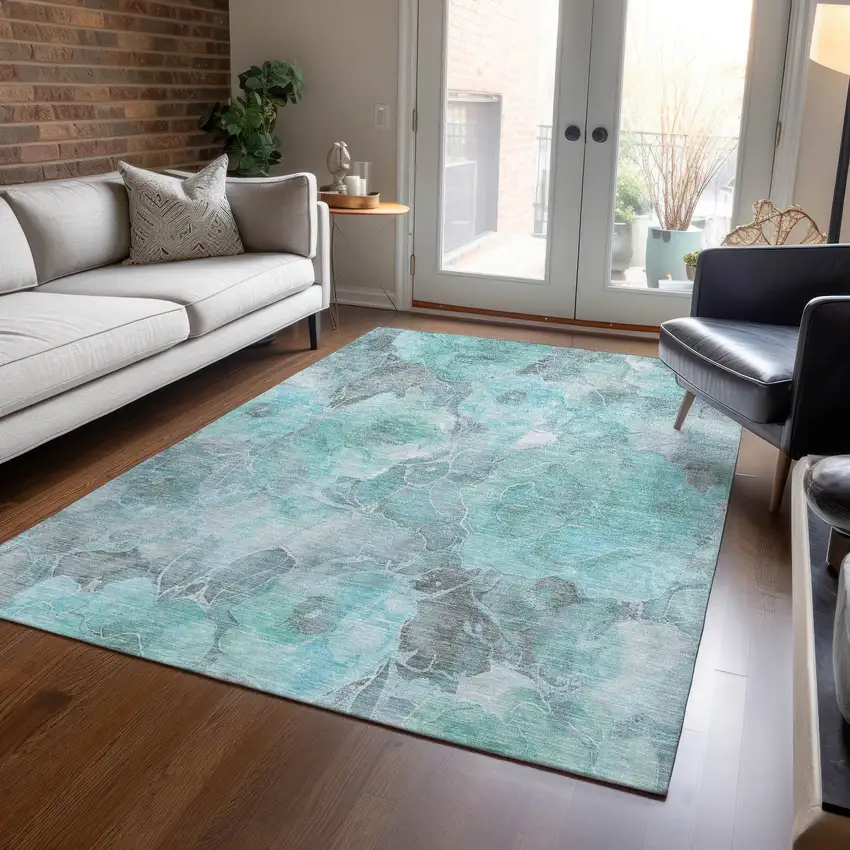 Teal Blue And Gray Floral Washable Indoor Outdoor Area Rug Photo 5
