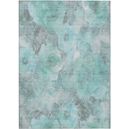 Teal Blue And Gray Floral Washable Indoor Outdoor Area Rug Photo 3