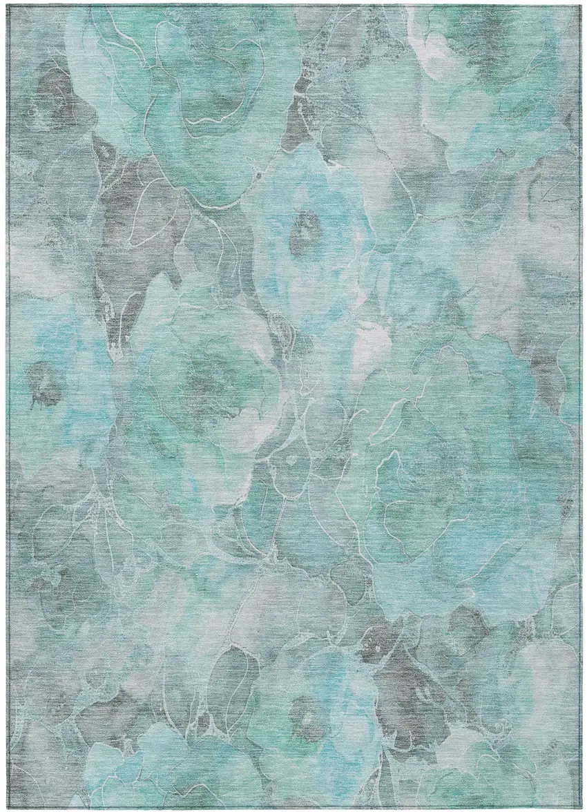 Teal Blue And Gray Floral Washable Indoor Outdoor Area Rug Photo 3