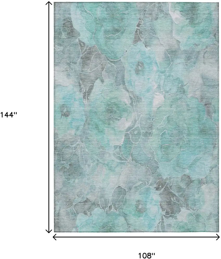 Teal Blue And Gray Floral Washable Indoor Outdoor Area Rug Photo 9