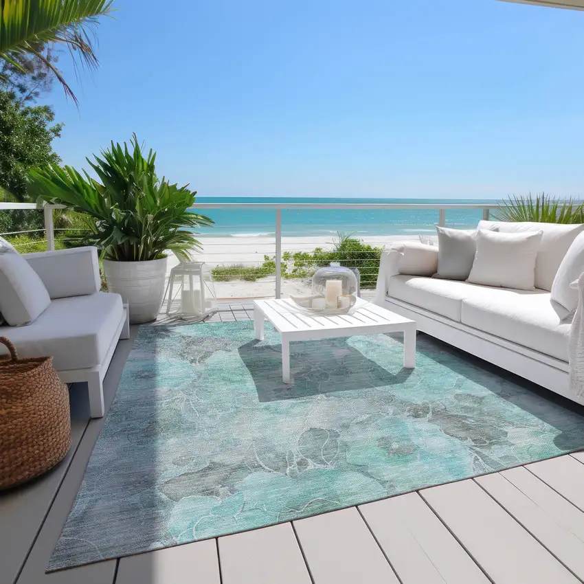 Teal Blue And Gray Floral Washable Indoor Outdoor Area Rug Photo 8