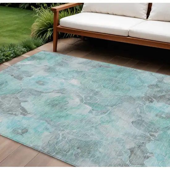 Teal Blue And Gray Floral Washable Indoor Outdoor Area Rug Photo 2