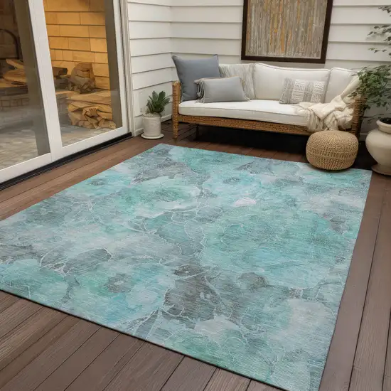 Teal Blue And Gray Floral Washable Indoor Outdoor Area Rug Photo 5